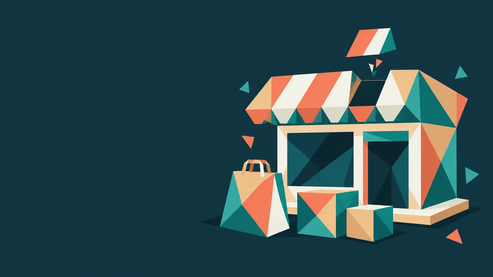 A small storefront with a striped awning, a shopping bag and boxes in front, one piece still floating into place, drawn in flat geometric shapes
